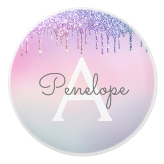 Regenboogglitterdruppels met monogram keramische knop