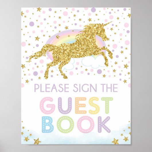 Regenbooggouden Unicorn Guest Book Birthday Sign Poster (Voorkant)