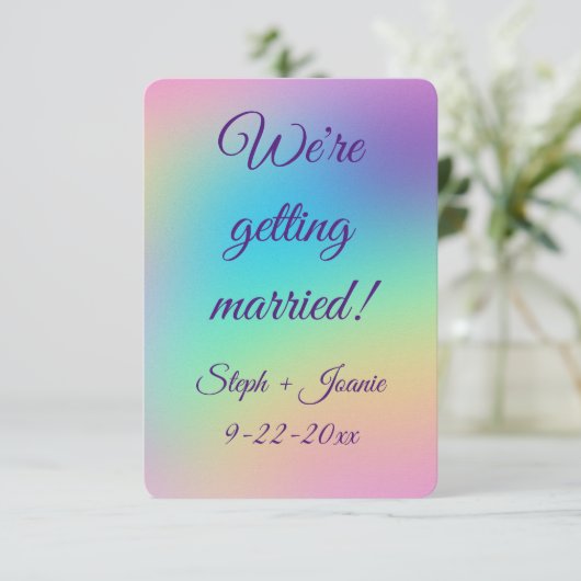 regenbooggradiënt bruiloft save the date (Staand voorkant)