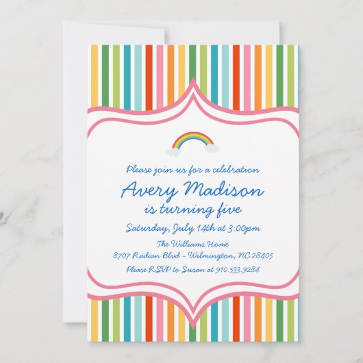 Regenbooggroot STripe Modern Birthday Invite Kaart (Voorkant)