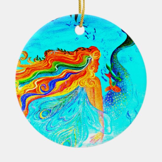 regenbooghaar mermaïde versiering keramisch ornament (Voorkant)