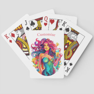 Regenboogharige zeemeermin met cocktail pokerkaarten