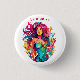 Regenboogharige zeemeermin met cocktail ronde button 3,2 cm