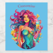 Regenboogharige zeemeermin met cocktail wijn etiket (Enkel label)