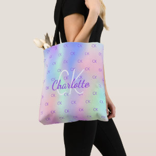 Regenboogholografisch aangepast monogram roze paar tote bag