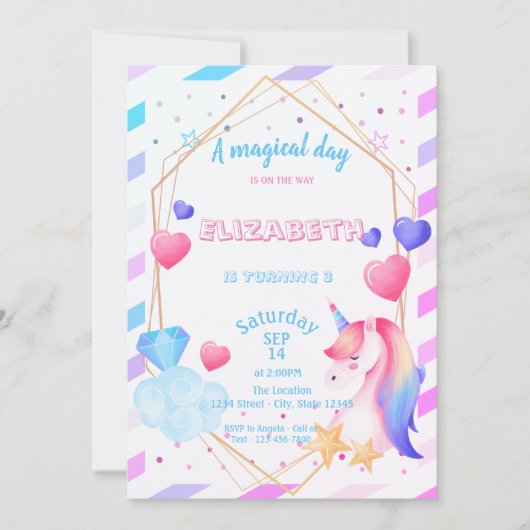 Regenbooghoorn, hart, gestripte verjaardag kaart (Voorkant)