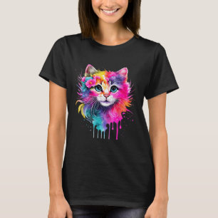 Regenboogkat Een Waterverf Verf Kleurrijke Bloemen T-shirt