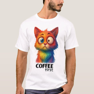 Regenboogkat koffie eerst grappige kunst t-shirt
