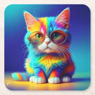 Regenboogkat Met Bril Portret-47567 Kartonnen Onderzetters