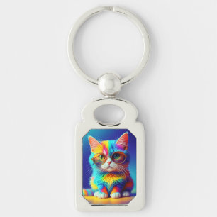 Regenboogkat met Bril Sleutelhanger