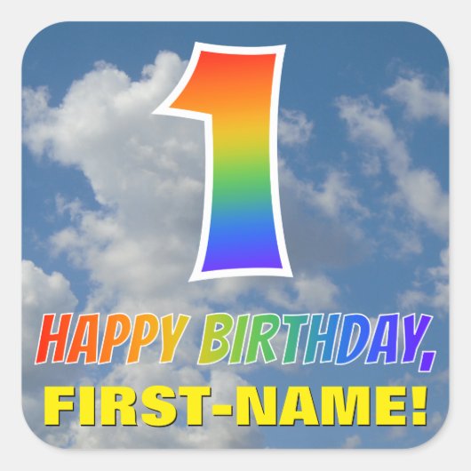 RegenboogKijk "1" & "HAPPY BIRTHDAY", Wolken, Sky Vierkante Sticker (Voorkant)