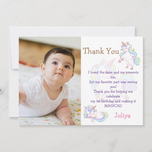 Regenboogkleur Eenhoorn babymeesje verjaardagsfoto Bedankkaart (Voorkant)