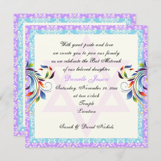 Regenboogkleuren bloeien & Davidster damast Kaart (Voorkant / Achterkant)