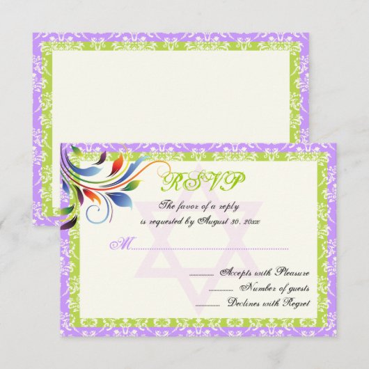 Regenboogkleuren bloeien, Davidster damast RSVP (Voorkant / Achterkant)