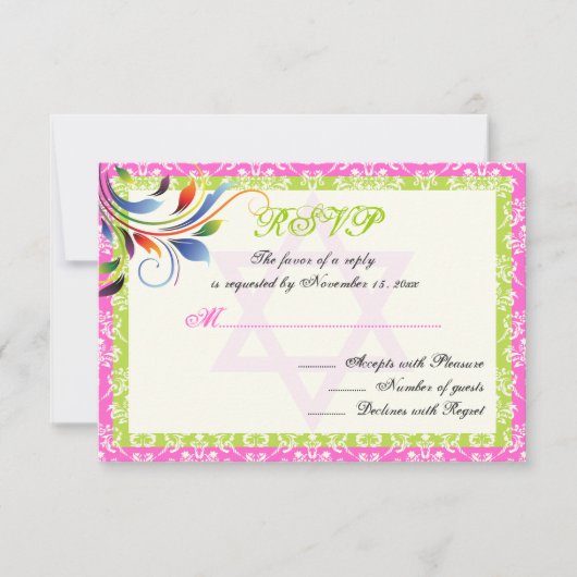 Regenboogkleuren bloeien, Davidster damast RSVP (Voorkant)