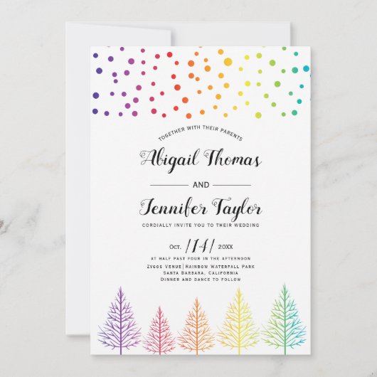 Regenboogkleuren bomen, stippen lesbische winterbr kaart (Voorkant)