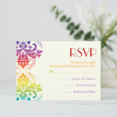Regenboogkleuren damast bruiloft RSVP (Staand voorkant)