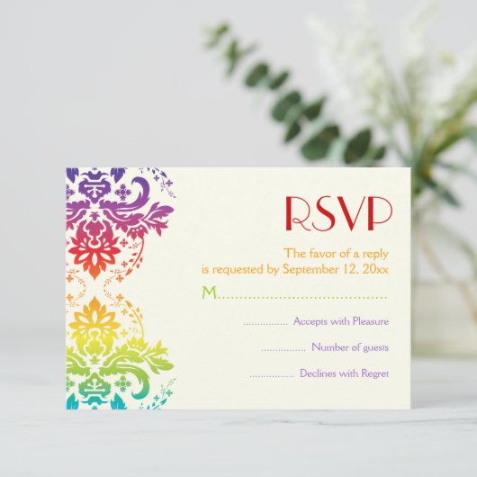Regenboogkleuren damast bruiloft RSVP (Staand voorkant)