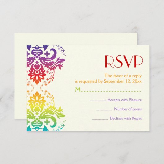 Regenboogkleuren damast bruiloft RSVP (Voorkant / Achterkant)