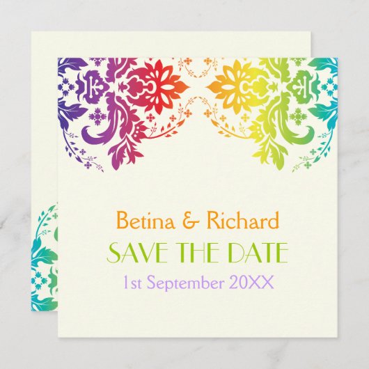 Regenboogkleuren damast bruiloft Save the Date (Voorkant / Achterkant)