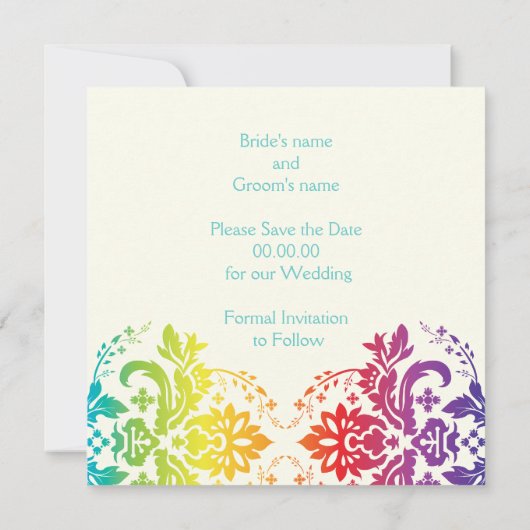 Regenboogkleuren damast bruiloft Save the Date (Achterkant)