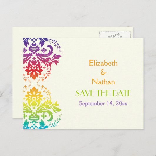 Regenboogkleuren damast bruiloft Save the Date Aankondigingskaart (Voorkant / Achterkant)