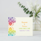 Regenboogkleuren damast bruiloft Save the Date Aankondigingskaart (Staand voorkant)