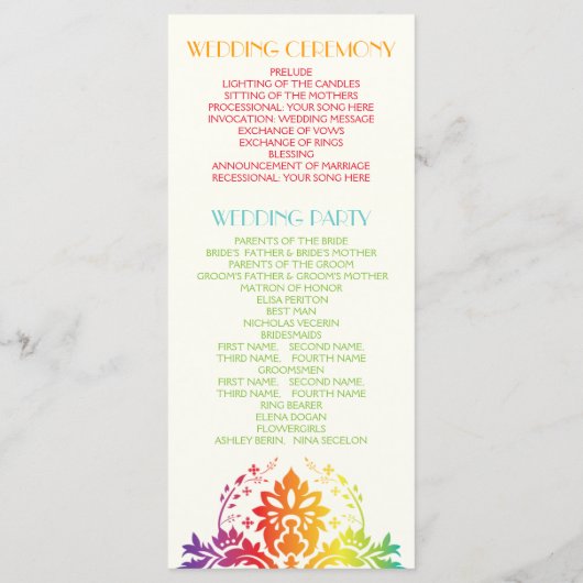 Regenboogkleuren damast trouwprogramma programmakaart (Achterkant)