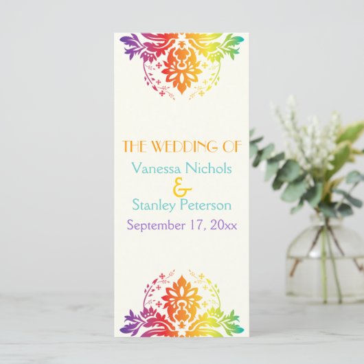 Regenboogkleuren damast trouwprogramma programmakaart (Staand voorkant)