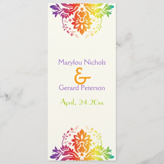 Regenboogkleuren damast trouwprogramma programmakaart (Voorkant)