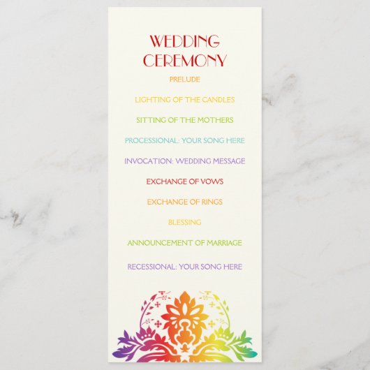 Regenboogkleuren damast trouwprogramma programmakaart (Achterkant)