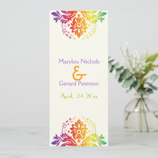 Regenboogkleuren damast trouwprogramma programmakaart (Staand voorkant)