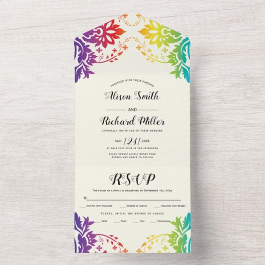 Regenboogkleuren demask gay, lesbische bruiloft all in one uitnodiging (Binnen)