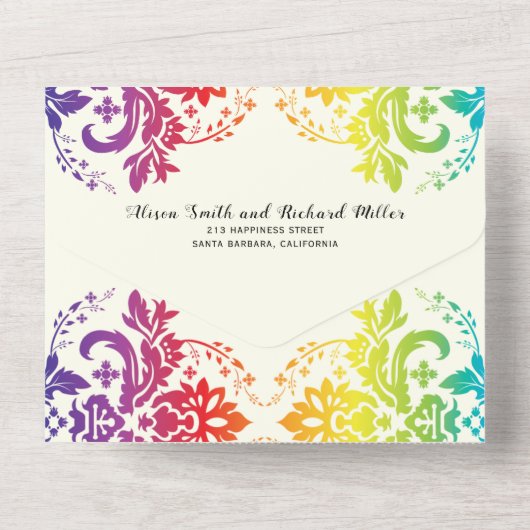 Regenboogkleuren demask gay, lesbische bruiloft all in one uitnodiging (Achterkant)