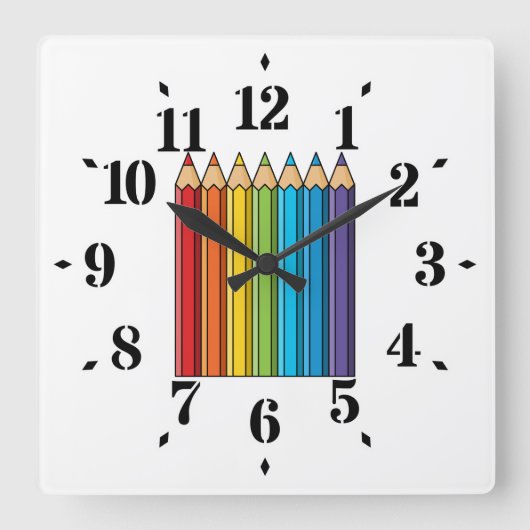 Regenboogkleurencils Vierkante Klok (Voorkant)