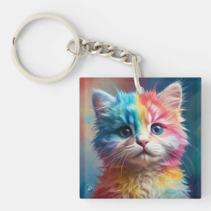 Regenboogkleurig Kitten Portret Sleutelhanger