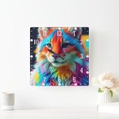 Regenboogkleurige harige kat-68587 vierkante klok (Huis)