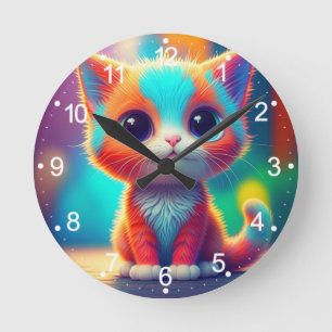 Regenboogkleurige kitten Cartoon Ronde Klok