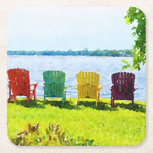 Regenboogkleurige Lakeside Adirondack Chairs Kartonnen Onderzetters (Voorkant)