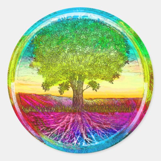 Regenboogkleurige levensboom ronde sticker (Voorkant)