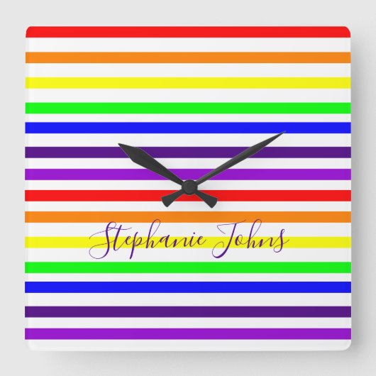 Regenboogkleurstrips Lijnen Monogram Naam kleurig Vierkante Klok (Voorkant)