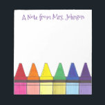 Regenboogkrayons een notitie van kunstleraar artie notitieblok<br><div class="desc">Notitieblok bevat een originele afbeelding van een rij regenboogcrayons. Je kunt je gewoon personaliseren met de naam van je favoriete leraar voor een cadeau van één soort! Deze afbeelding is ook beschikbaar op andere producten. Zie je niet wat je zoekt? Hulp nodig bij aanpassingen? Neem contact op met Rebecca om...</div>