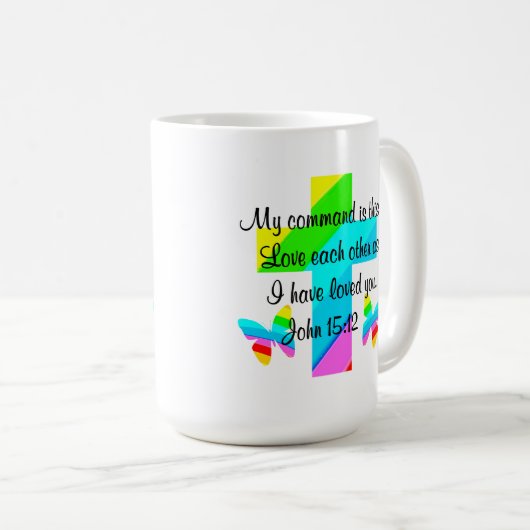 REGENBOOGKRUIS EN VLINDER JOHANNES 15:12 KOFFIEMOK (Voorkant rechts)