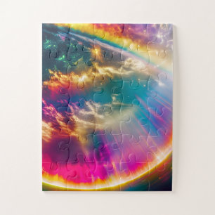 Regenbooglicht schijnt door wolken in de ruimte legpuzzel