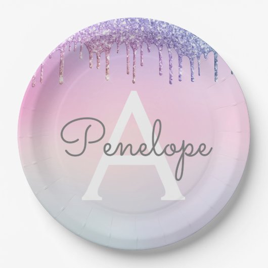 Regenboogliter met gloed en monogram papieren bordje (Voorkant)