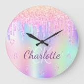 Regenbooglitter druist roze monogram grote klok (Voorkant)