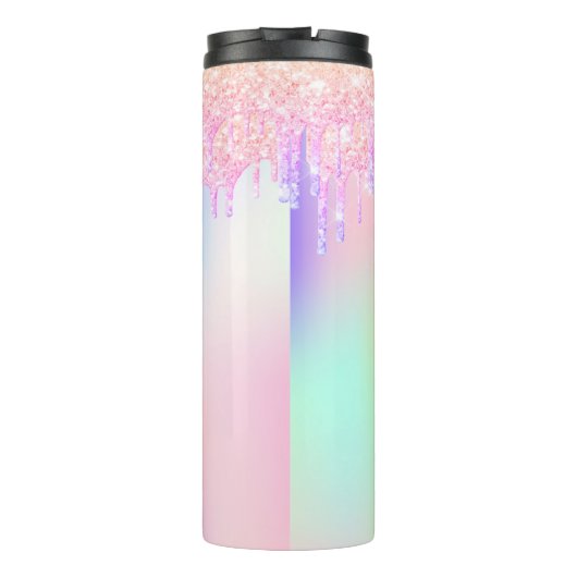 Regenbooglitter druppelt roze holografische monogr thermosbeker (Achterkant)
