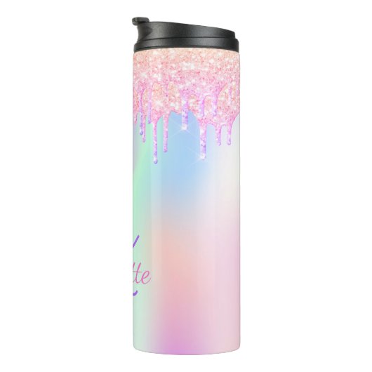 Regenbooglitter druppelt roze holografische monogr thermosbeker (Geroteerd rechts)