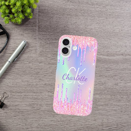 Regenbooglitter druppelt roze monogram af iPhone 16 hoesje