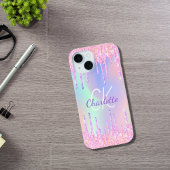 Regenbooglitter druppelt roze monogram af Case-Mate iPhone case